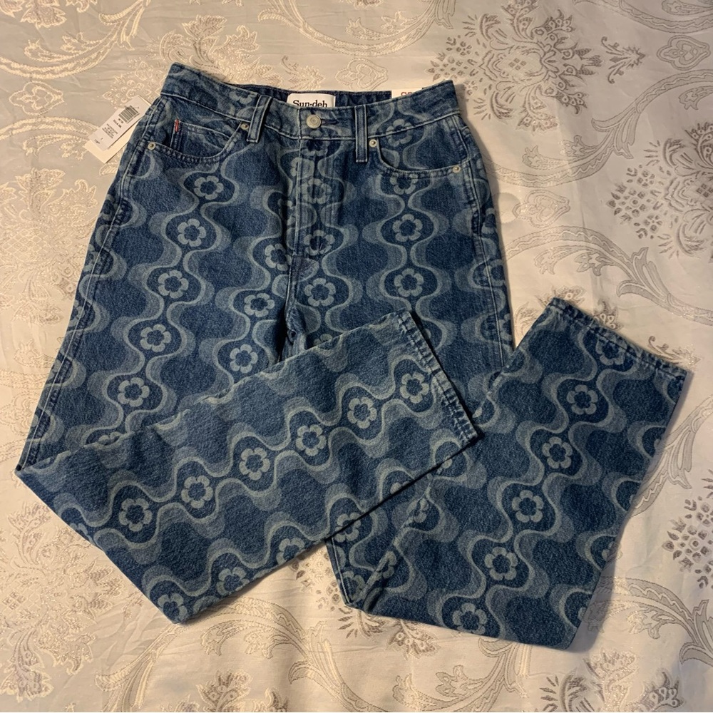 70s Blue Floral Pattern Jeans